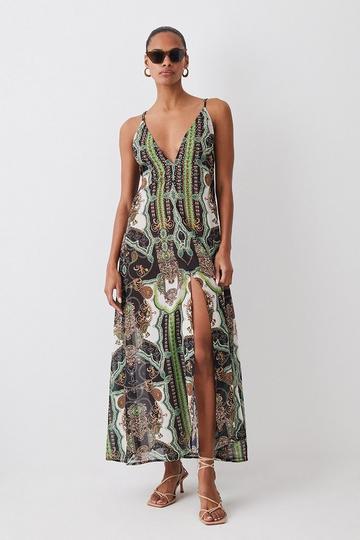 Placed Print Embellished Strappy Beach Maxi Dress multi