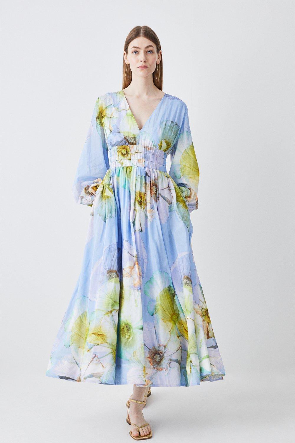 Paper cotton silk  Long sleeve floral maxi dress, Mirror work dress,  Designer dresses