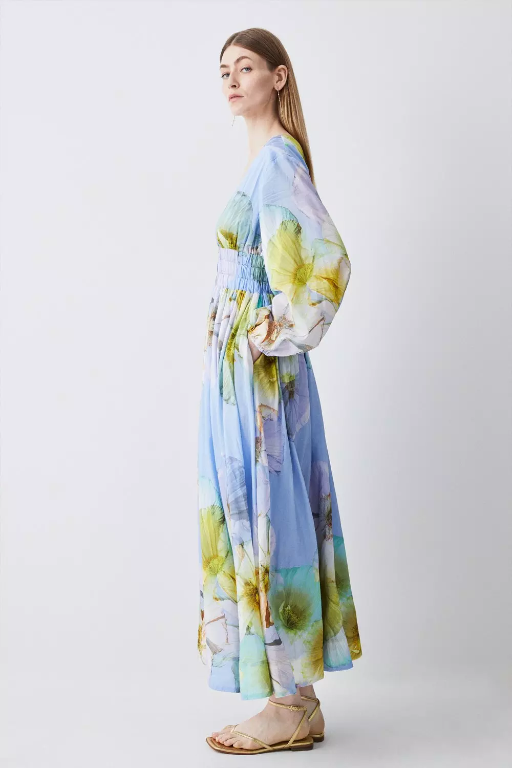 Photographic Floral Balloon Sleeve Silk Cotton Maxi Dress