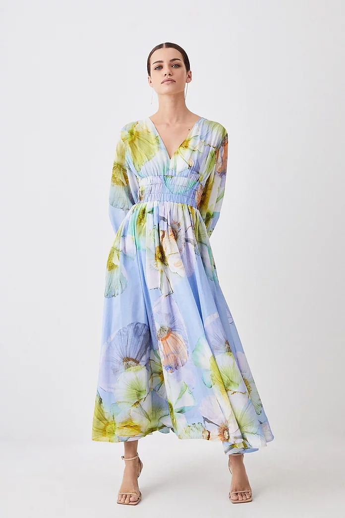 Petite Photographic Floral Silk Cotton Maxi Dress