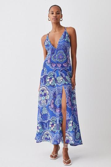 Blue Embellished Batik Embellished Strappy Beach Maxi Dress