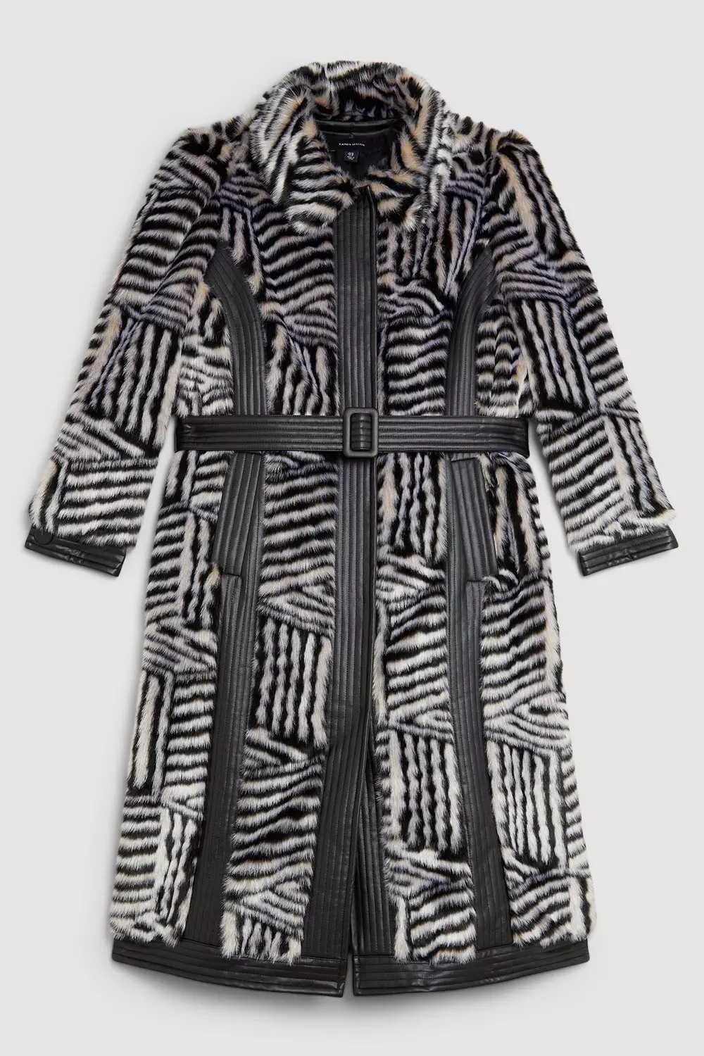 Plus Size Faux Fur Pu Panelled Stripe Belted Coat