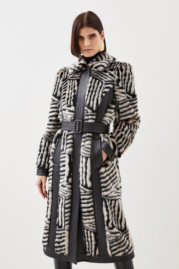 Faux Fur Pu Panelled Stripe Belted Coat multi