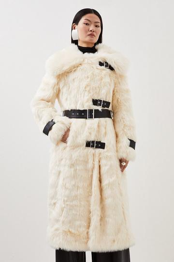 Faux Fur & Pu Detail Long Pile Belted Maxi Coat ivory