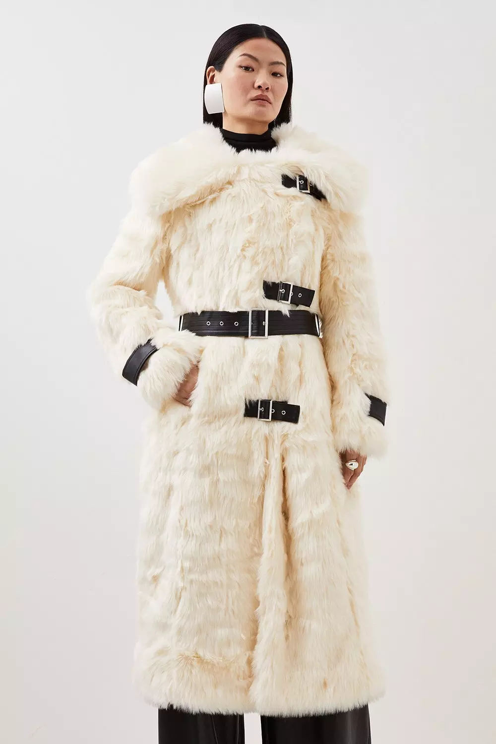 Faux Fur & Pu Detail Long Pile Belted Maxi Coat | Karen Millen