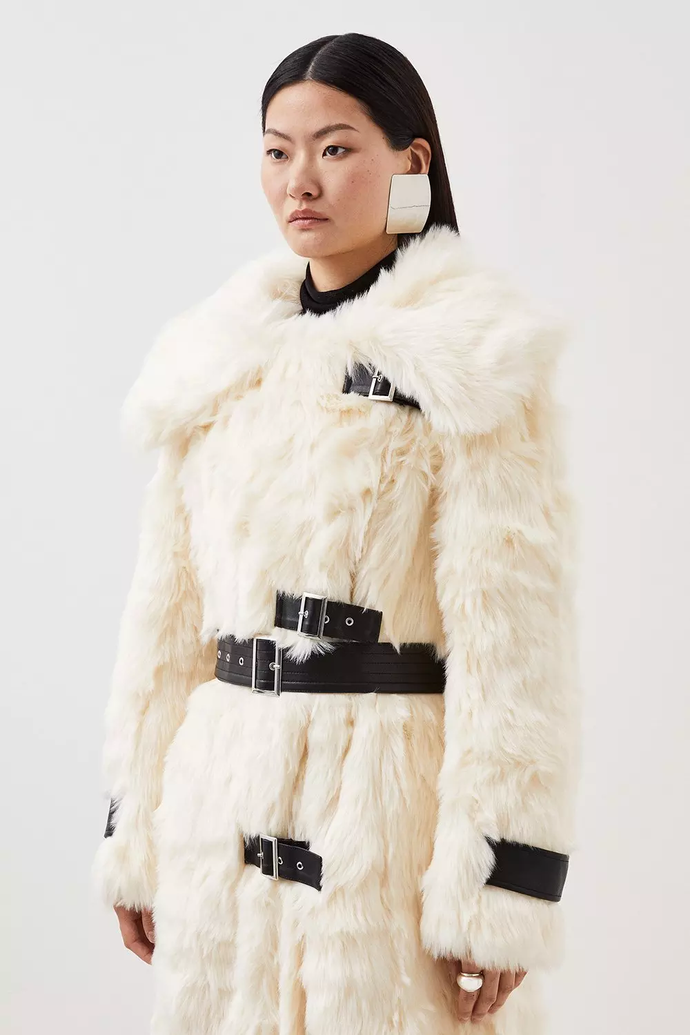 Faux Fur & Pu Detail Long Pile Belted Maxi Coat | Karen Millen