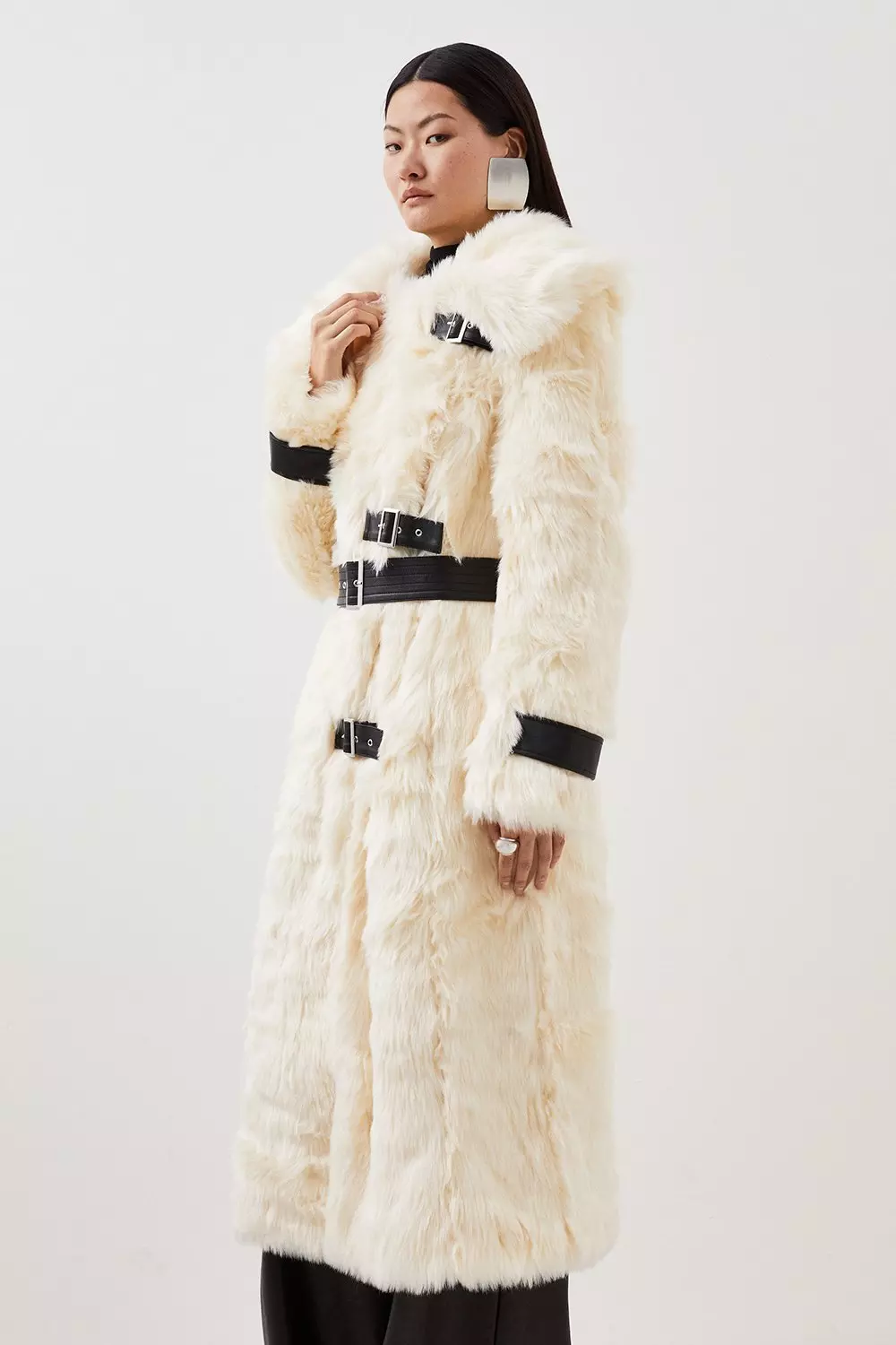 Faux Fur Pu Detail Long Pile Belted Maxi Coat Karen Millen