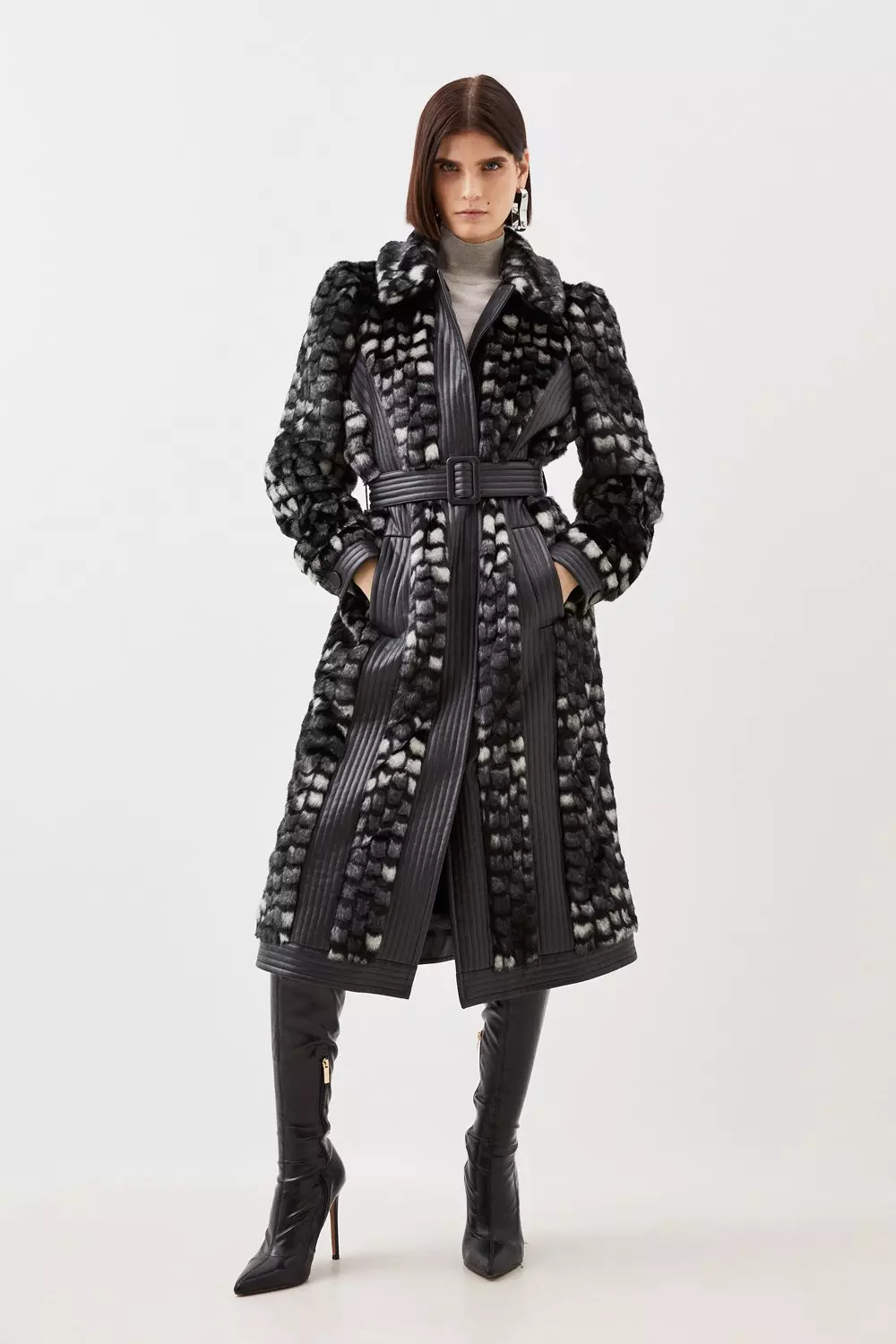 Petite Black Belted Faux Fur Coat