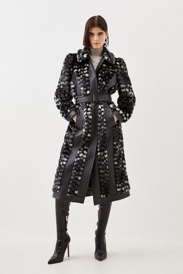 Black Faux Fur Pu Panelled Abstract Belted Coat