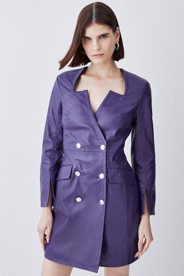 Tall Leather Double Breasted Blazer Notch Neck Mini Dress violet