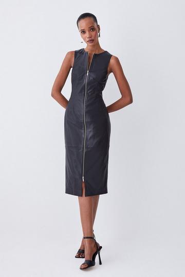 Petite Leather Zip Though Pencil Midi Dress black