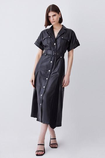 Leather Belted Button Detail Shirt Midi Dress black