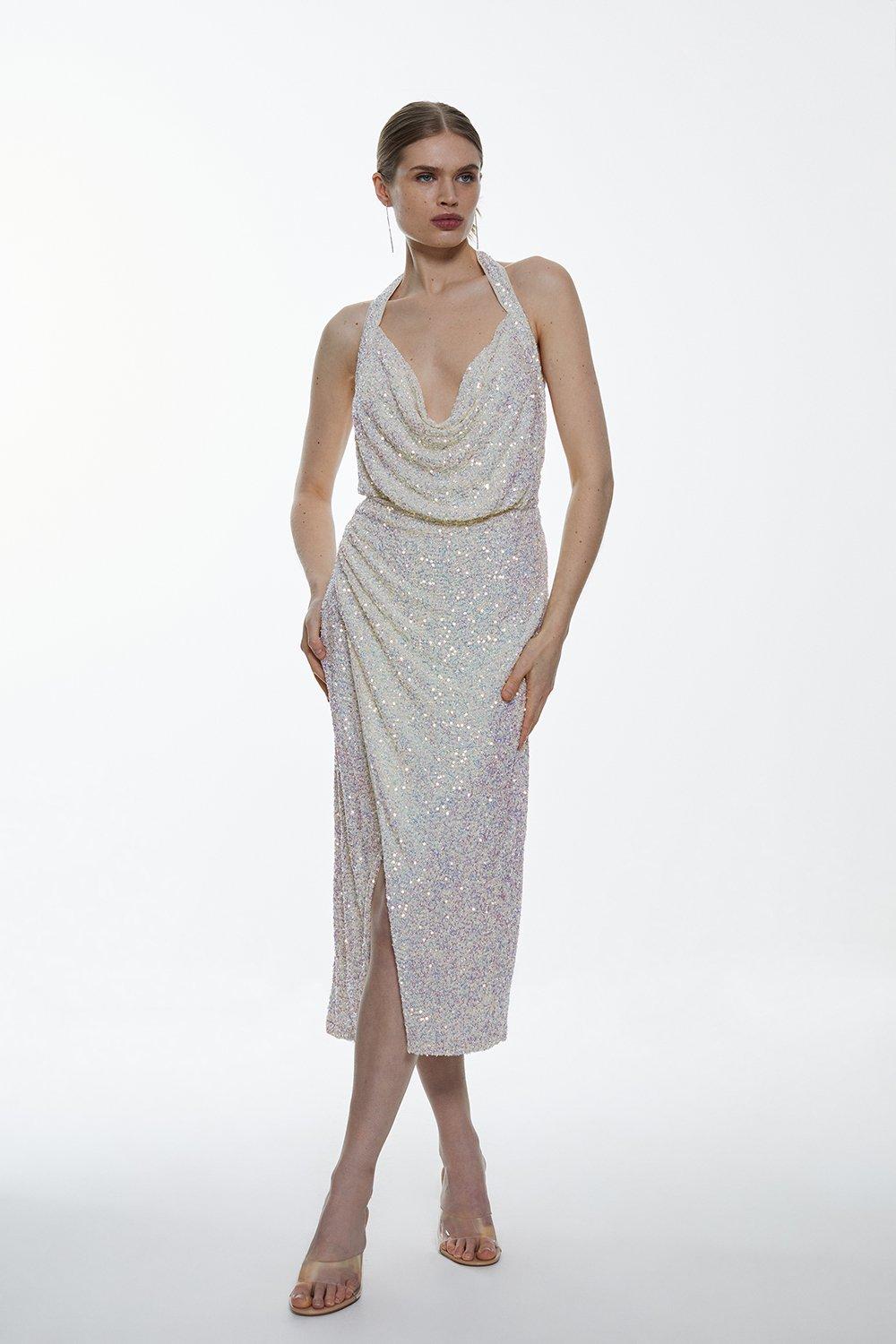 Cupid - Silver Sequin Halter Neck Maxi Dress