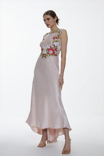Petite Guipure Lace Satin Woven Maxi Dress blush