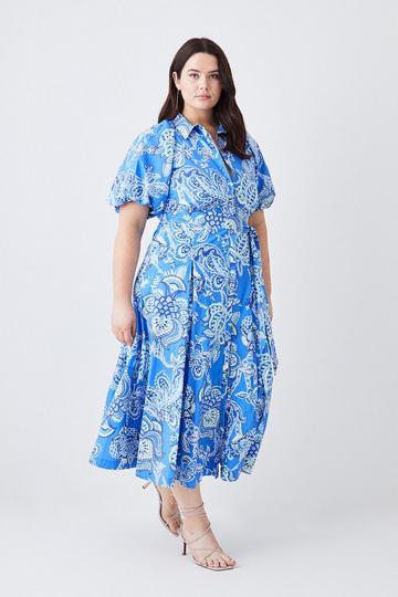 Plus Batik Floral Cotton Panel Detail Midi Shirt Dress blue