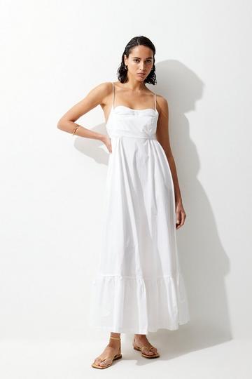 White Cotton Topstitch Strappy Woven Maxi Dress