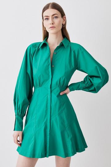 Green Cotton Panel Detail Mini Shirt Dress