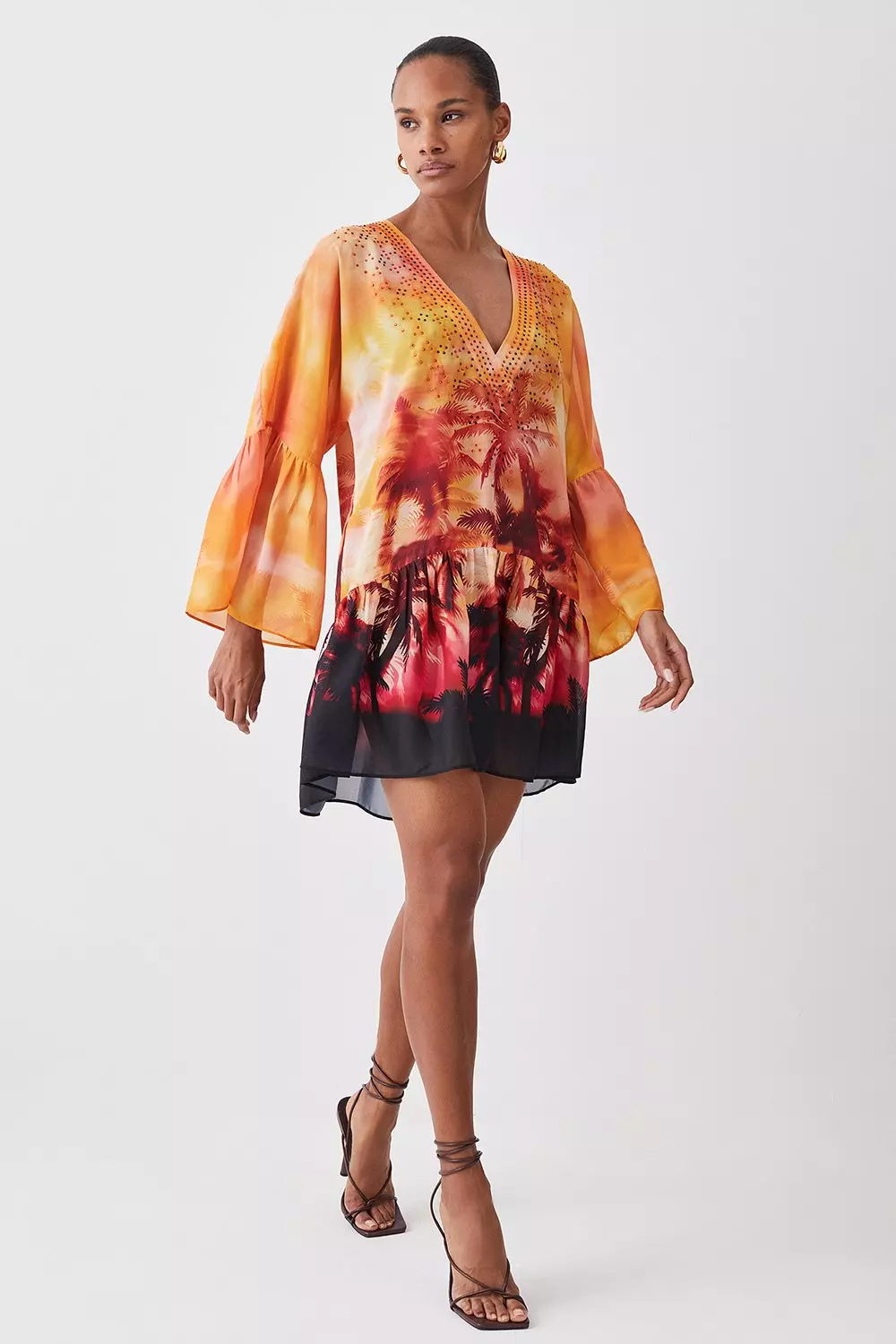 Sunset Embellished Kimono Sleeve Beach Mini Dress