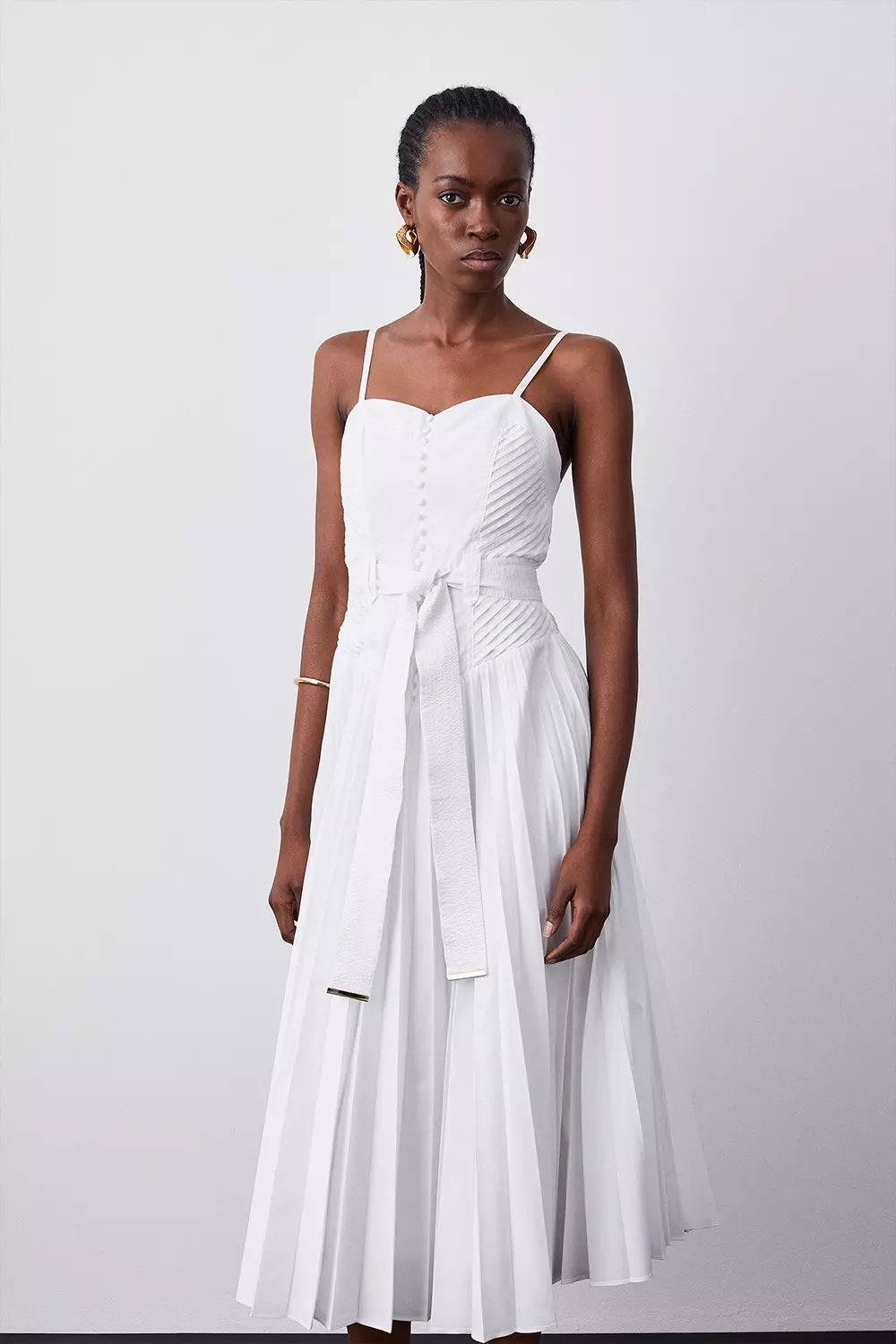 Pleated white sales midi dress