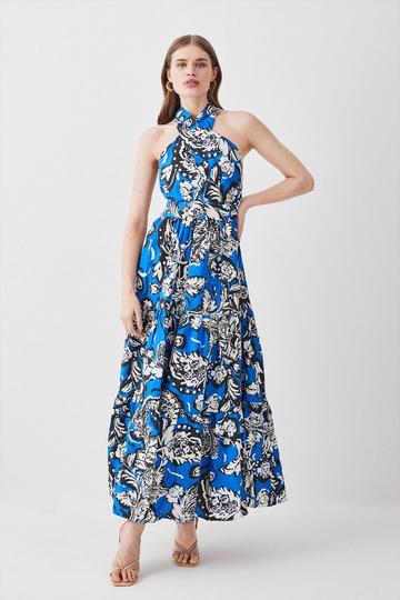 Blue Batik Viscose Linen Belted Halterneck Midi Dress