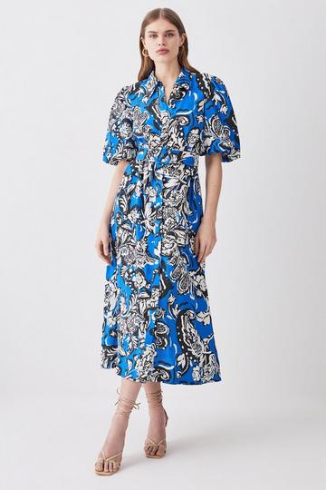 Batik Viscose Linen Belted Midi Shirt Dress blue
