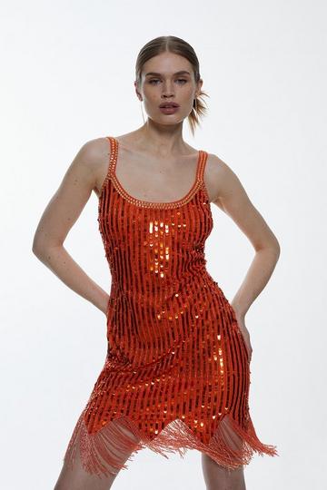 Orange Sequin Embellishment Mini Woven Dress