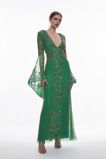 Embellished Kimono Sleeve Beaded Maxi Dress green