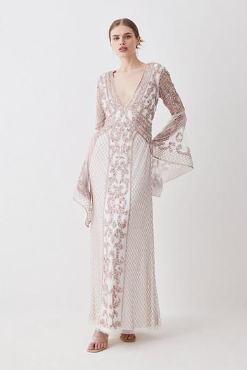 Embellished Kimono Sleeve Beaded Maxi Dress ivory
