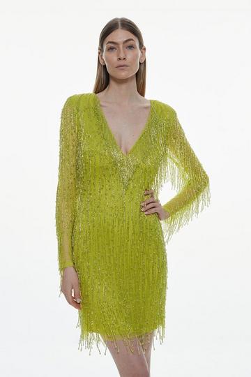 Beaded Fringed And Embellished Woven Mini Dress lime