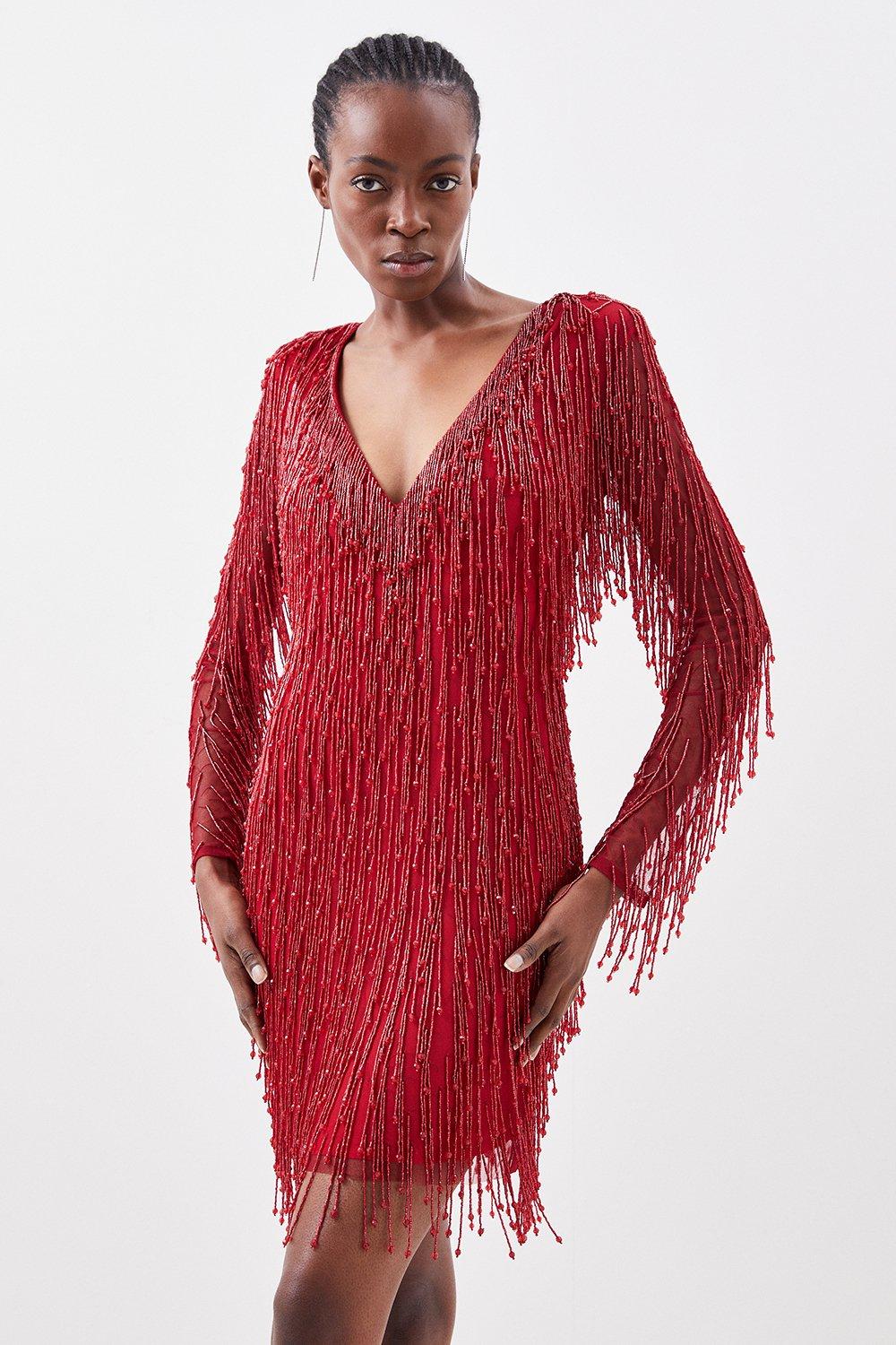 Beaded Fringed And Embellished Woven Mini Dress - Red