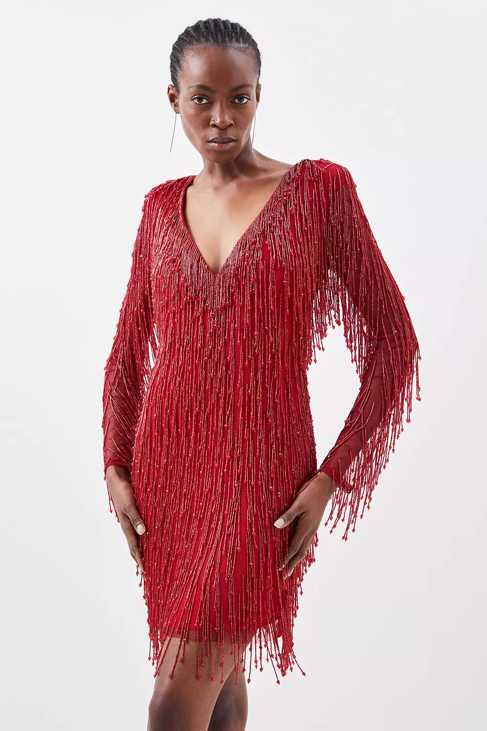 KAREN MILLEN Premium Beaded Embellished Woven Midaxi Dress in Red