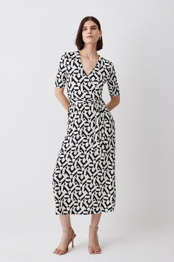 Tall Half Sleeve Geometric Printed Jersey Wrap Midi Dress mono