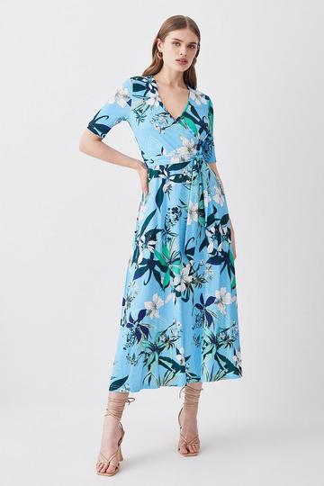 Multi Half Sleeve Floral Printed Jersey Wrap Midi Dress