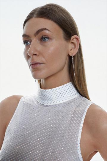 White Hot Fix Diamante Power Mesh Midi Dress