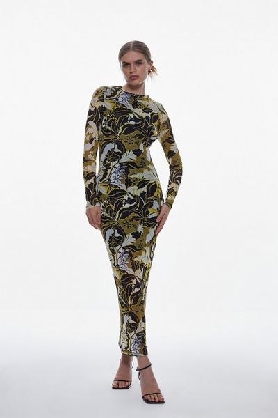 Floral Print Mesh Knot Detail Midaxi Dress