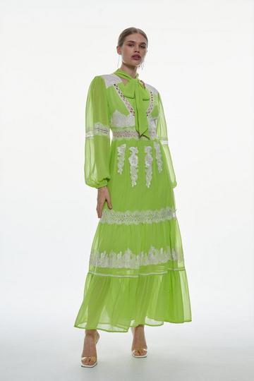 Mixed Lace & Embroidered Pussybow Midaxi Dress lime
