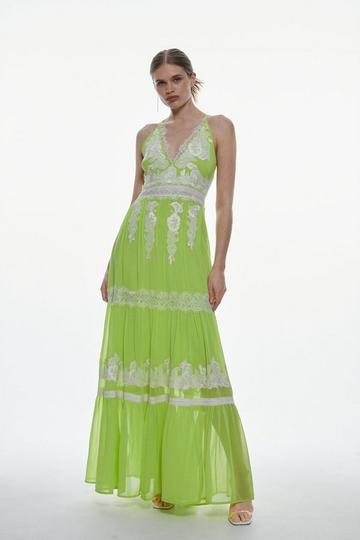 Mixed Lace And Embroidered Woven Halter Maxi Dress lime