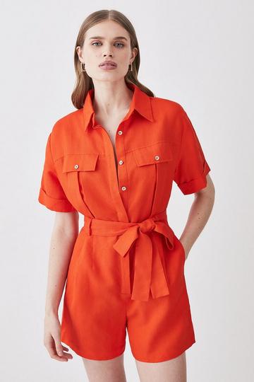 Linen Belted Playsuit red