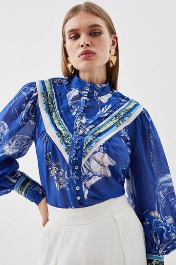 Placed Floral Balloon Sleeve Silk Cotton Top blue