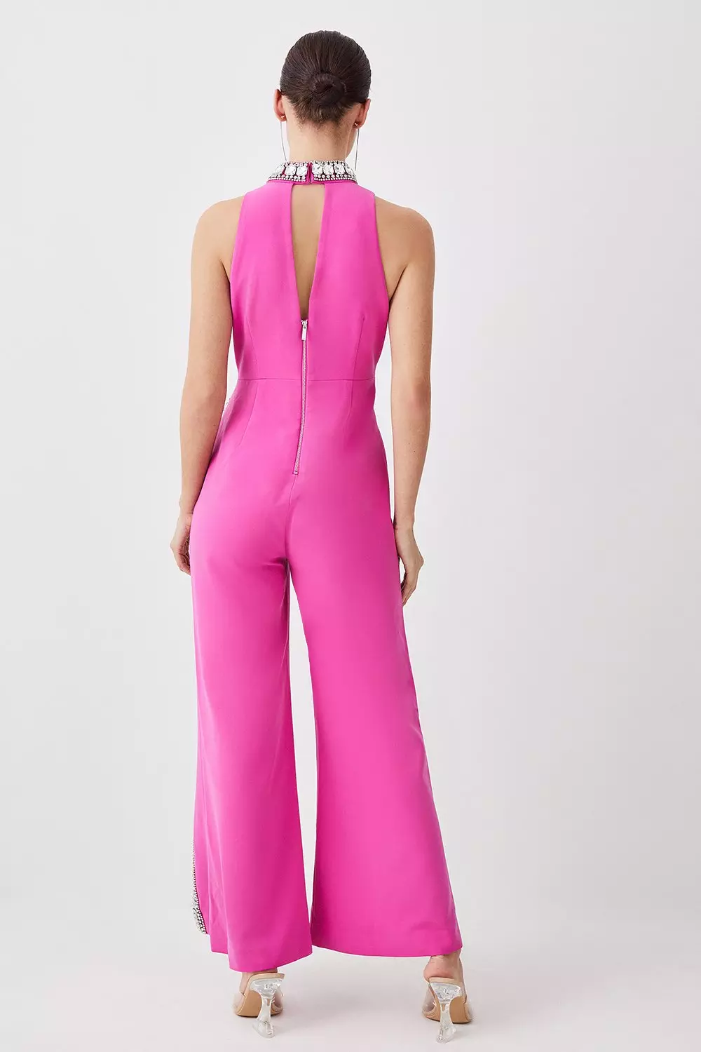 Petite Crystal Embellished Woven Thigh Split Jumpsuit | Karen Millen