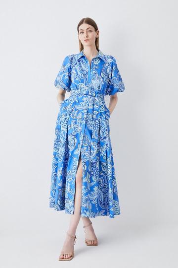 Batik Floral Cotton Panel Detail Midi Shirt Dress blue