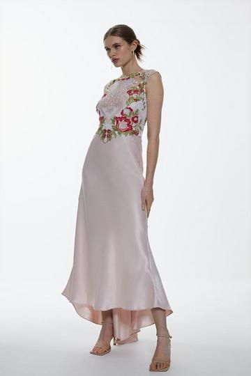 Guipure Lace Satin Woven Maxi Dress blush