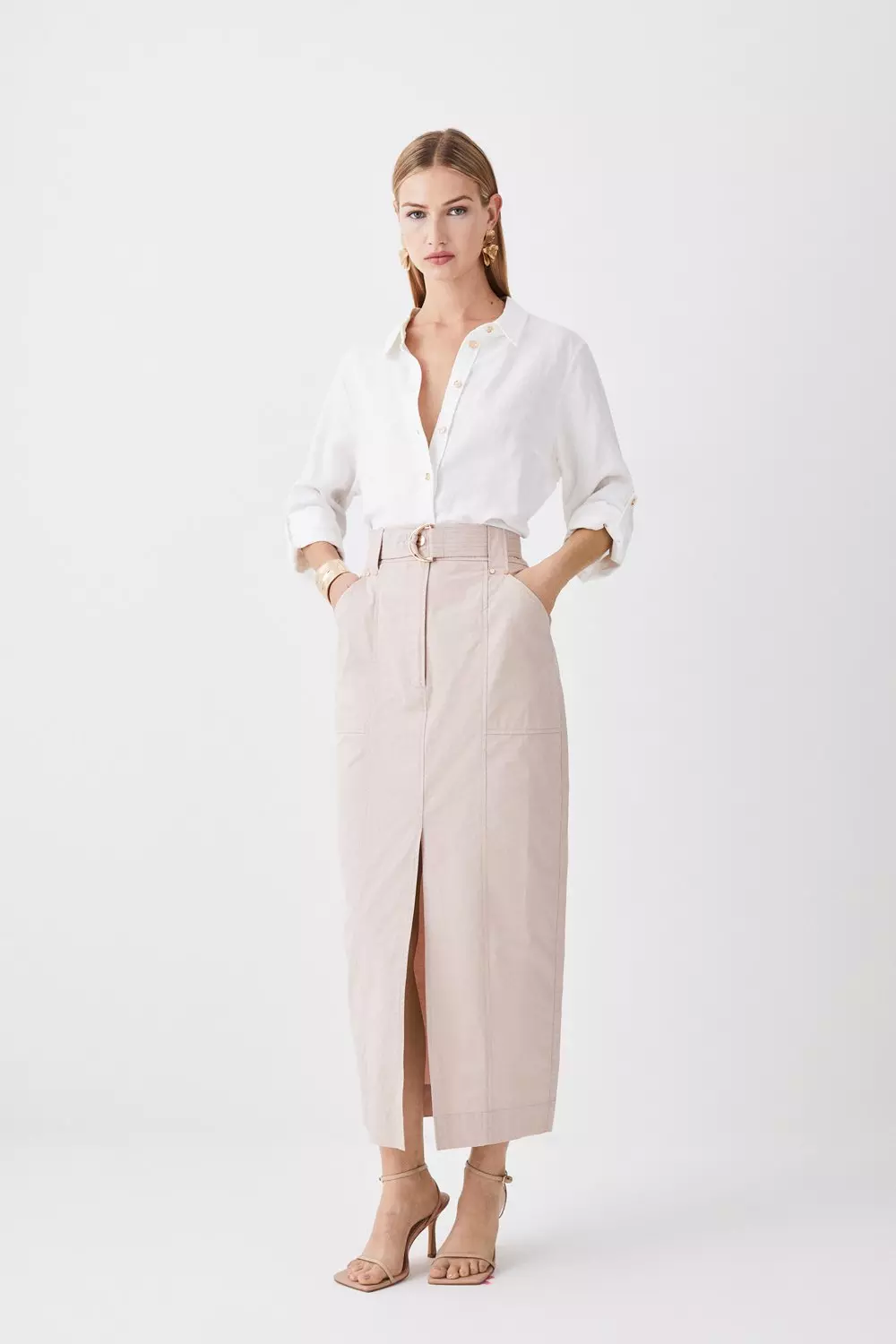 Cotton Sateen Utility Belted Column Maxi Skirt | Karen Millen