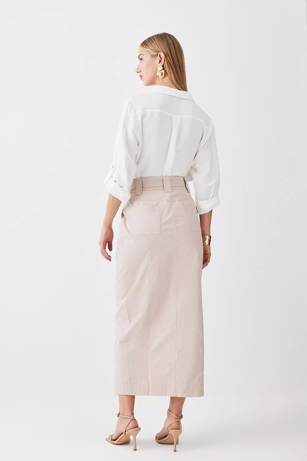 Cotton Sateen Utility Belted Column Maxi Skirt | Karen Millen