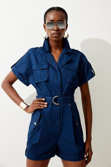 Cotton Sateen Utility Pocket Belted Playsuit navy