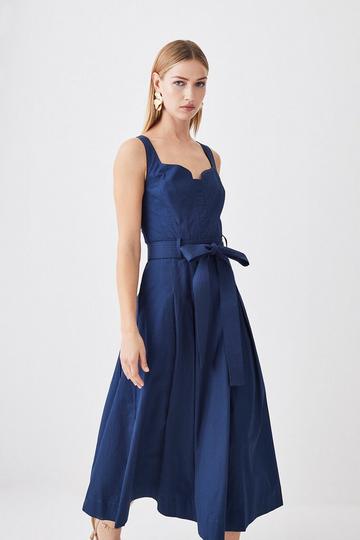 Navy Cotton Sateen Strappy Belted Full Midi Dress