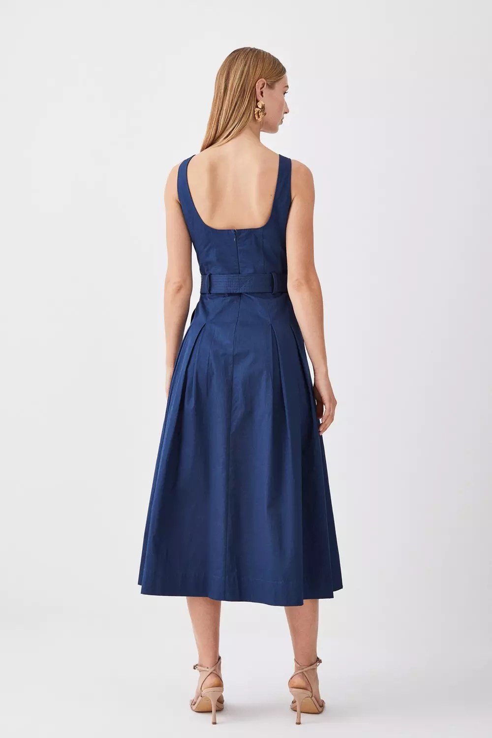 Cotton Sateen Strappy Belted Full Midi Dress | Karen Millen