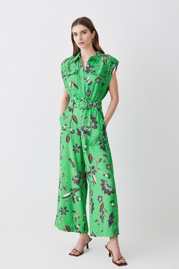 Petite Topstitch Floral Batik Premium Linen Viscose Jumpsuit green