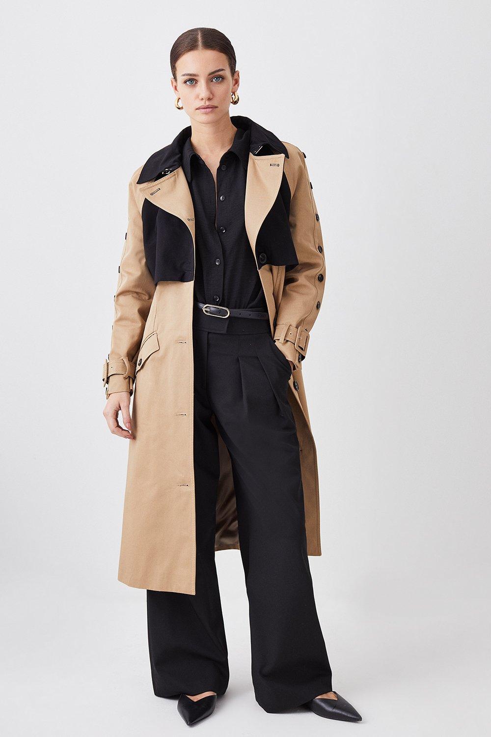 Petite Button Detail Color Block Detail Trench Coat