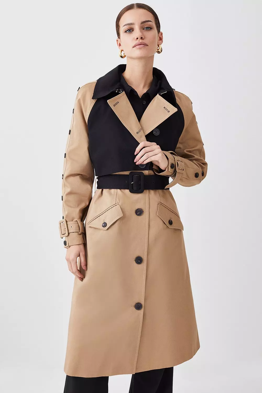 Petite Button Detail Color Block Detail Trench Coat